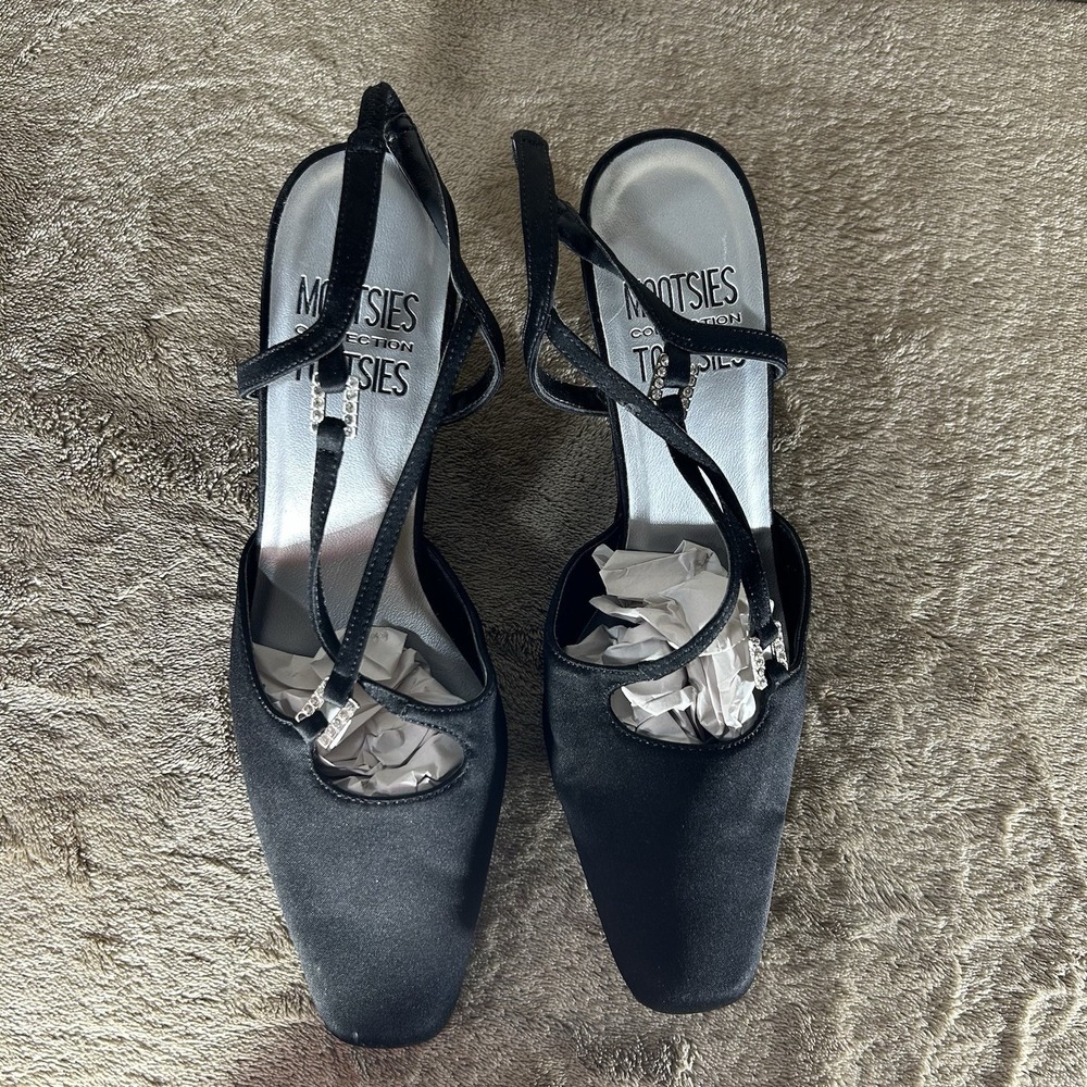 Mootsies Tootsies Black Satin Strappy Rhinestone Heels Women's Size 6.5M
